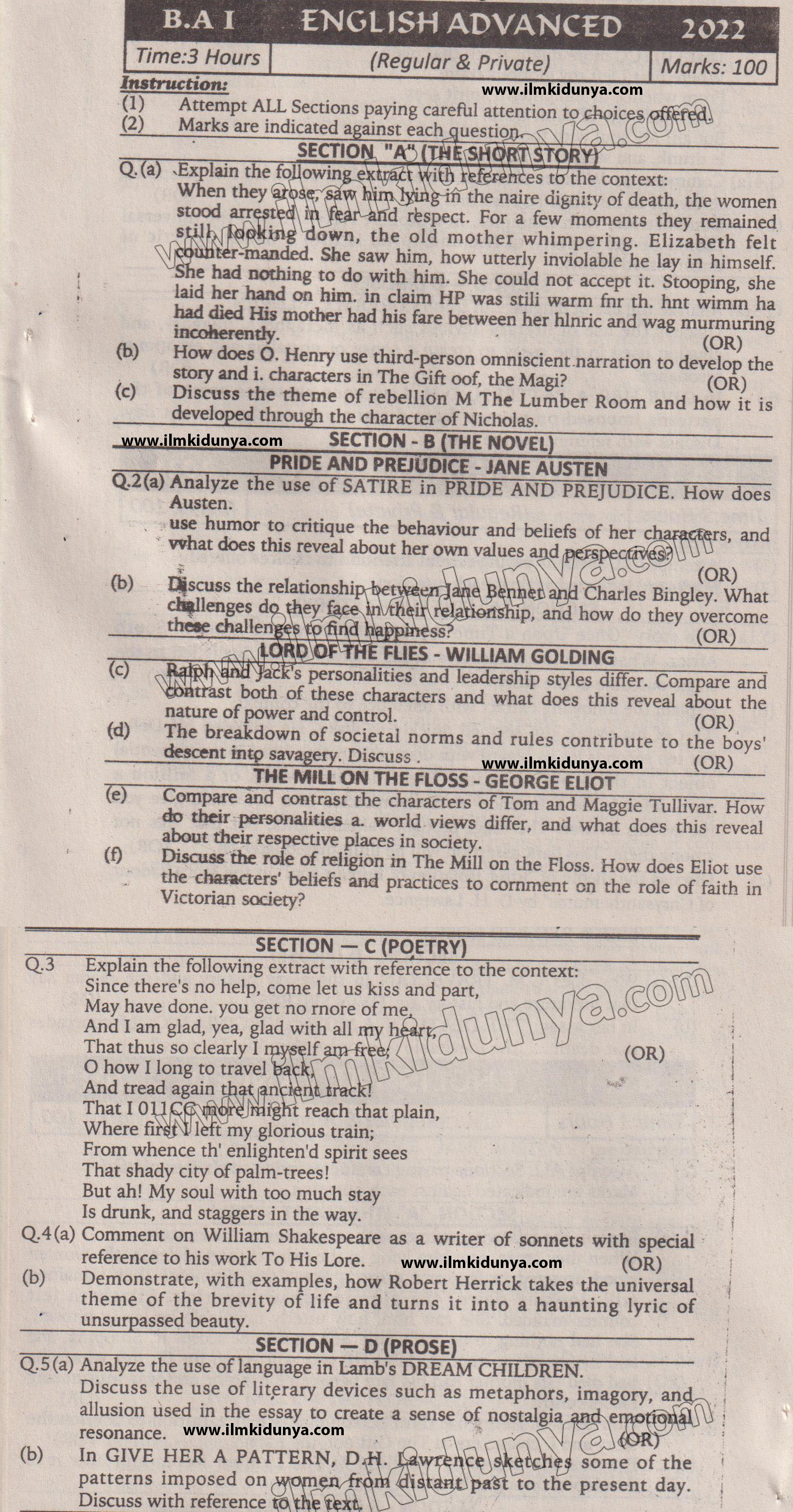 Past Paper 2022 Karachi University BA Part 1 English Advance Subjective