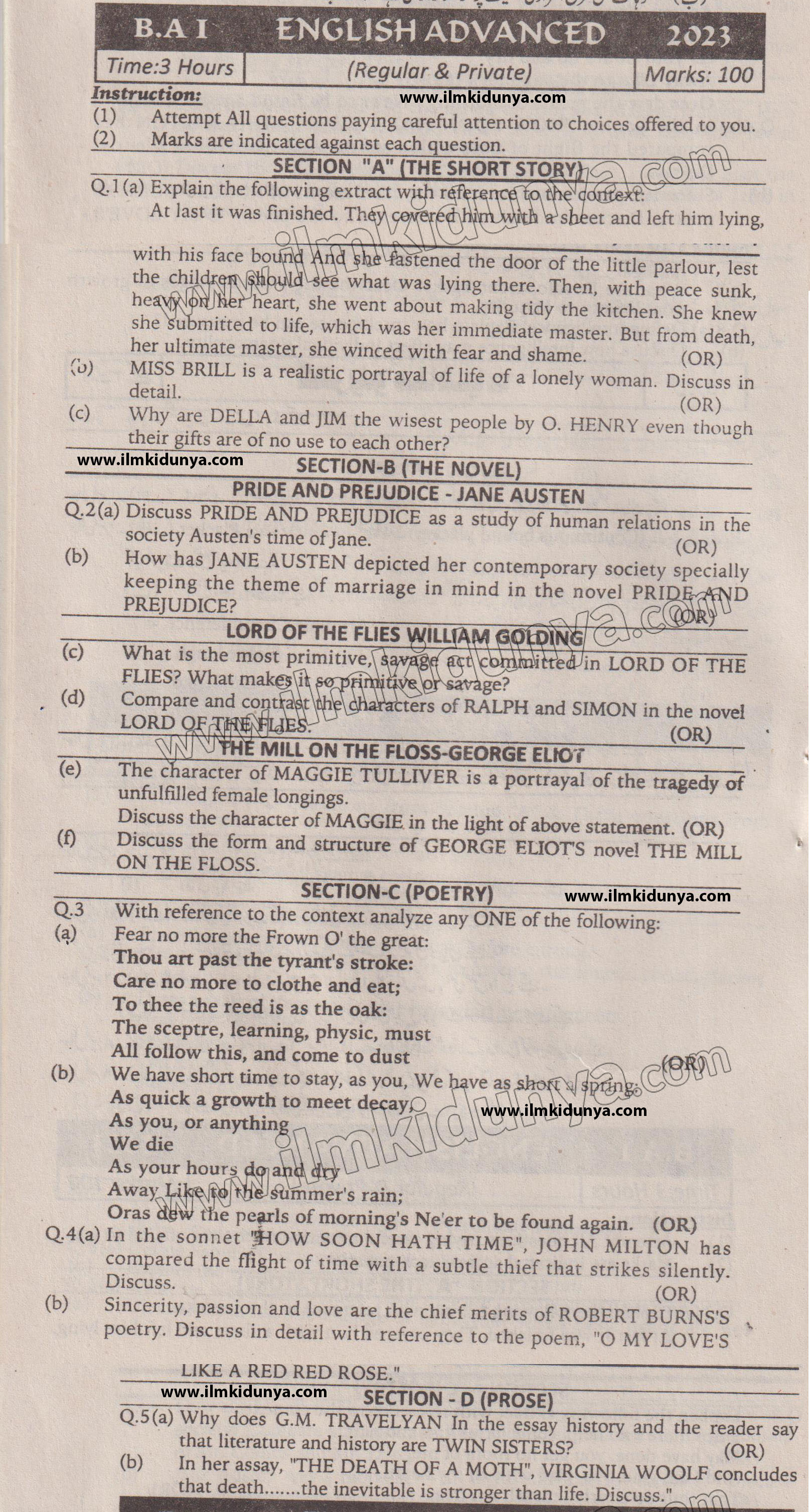 Past Paper 2023 Karachi University BA Part 1 English Advance Subjective