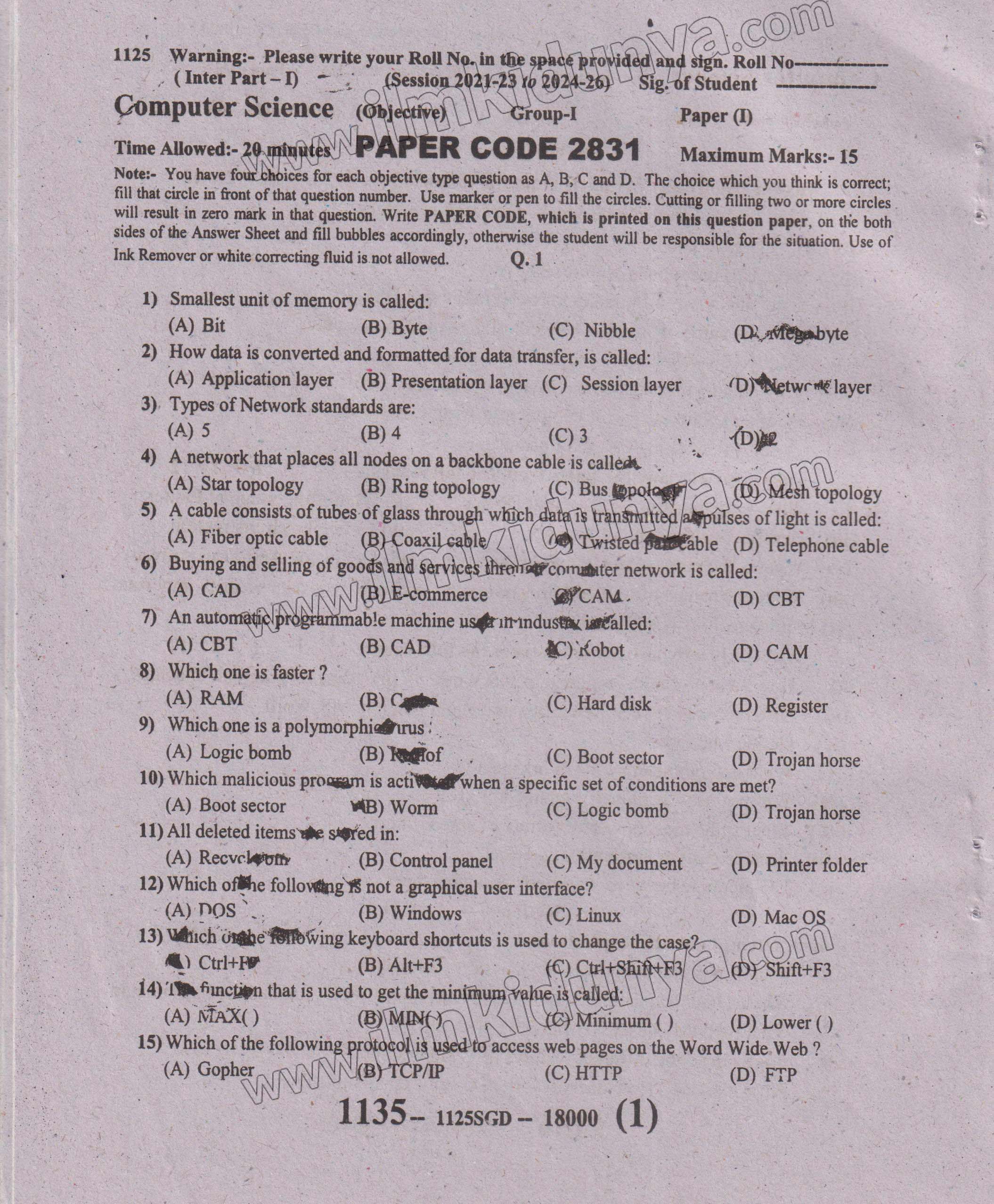 Past Paper 2025 Inter part I Sargodha Board Computer Science Group I ...